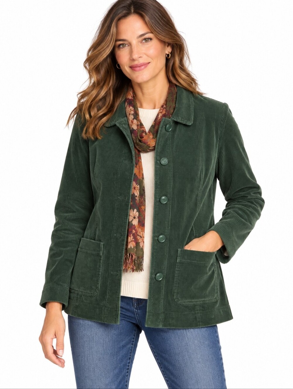 J. Jill Corduroy Green Women's Jacket Coat Shacket Buttons Patch Pocket Medium